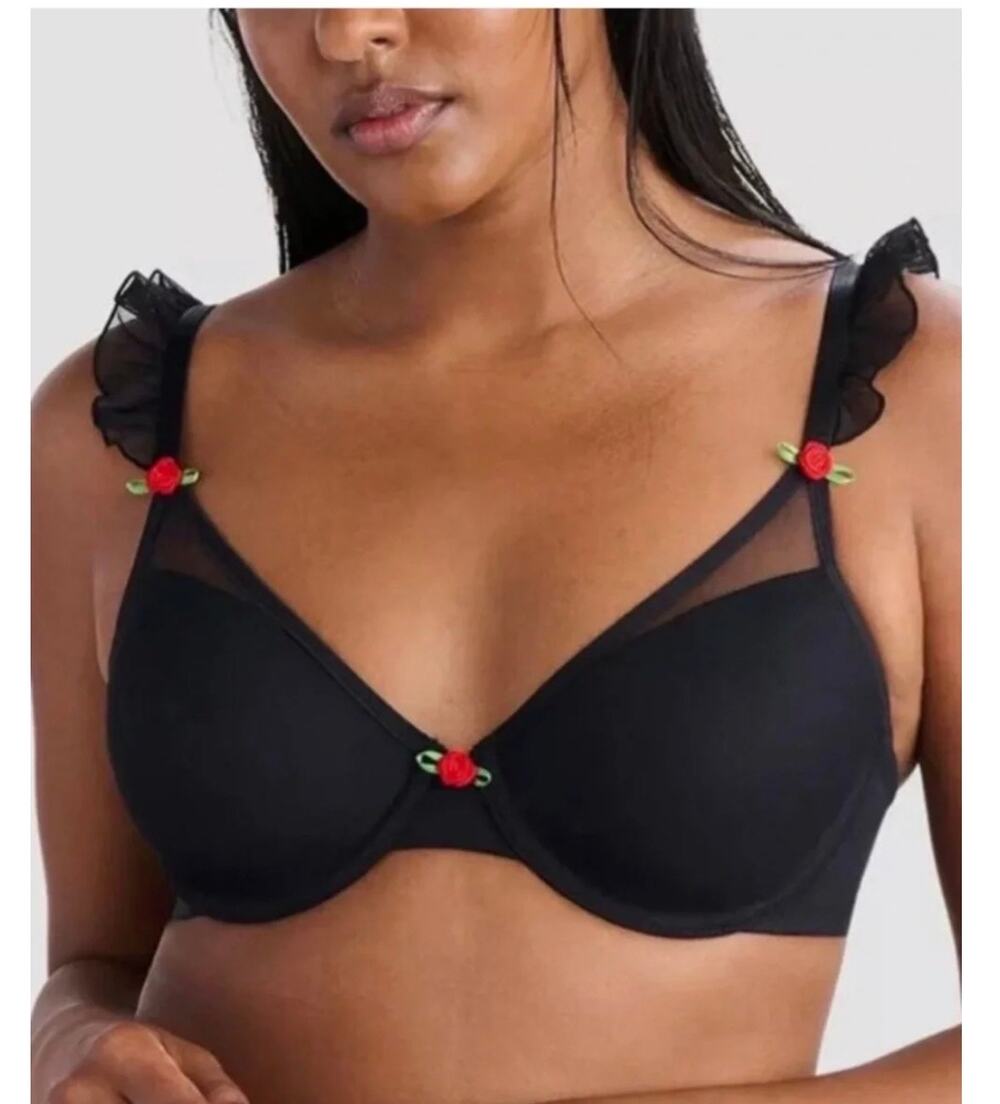 Parade Silky Mesh Flutter Strap T Shirt Bra Medium Black Rose Underwire NWT
